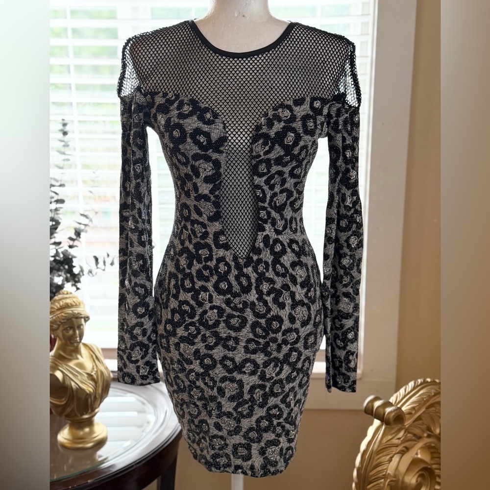 Va Va Voom Black and Gray Leopard Mesh Long Sleeve Bodycon Dress